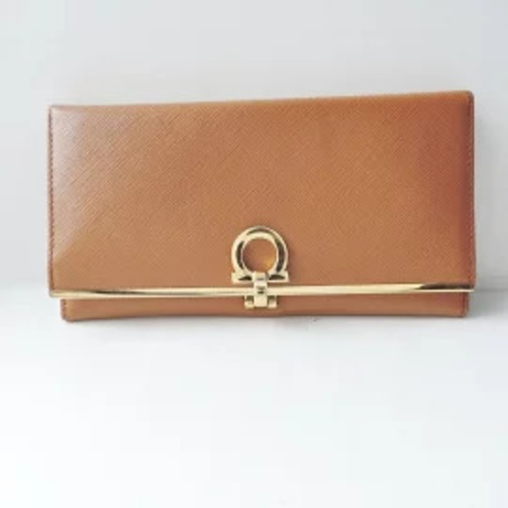 Salvatore Ferragamo Gancini Long Wallet Brown Leather